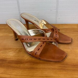 Zita Maria Brown Leather Stiletto Mule Heel Decorative Stitching Square Toe 38.5